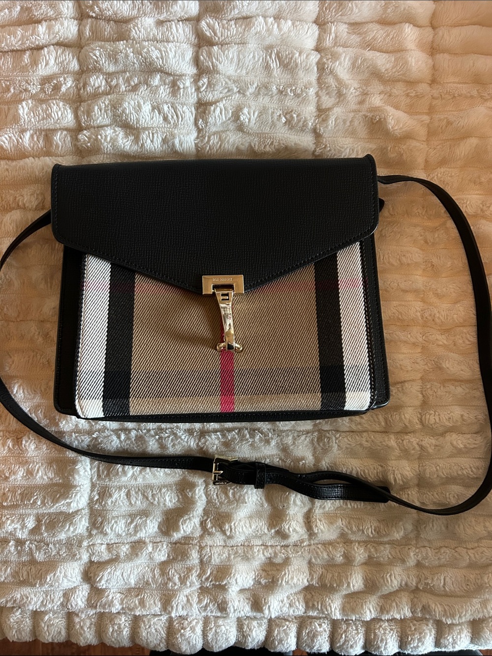 Burberry Black Leather Crossbody with Beige Check and Red Stripe